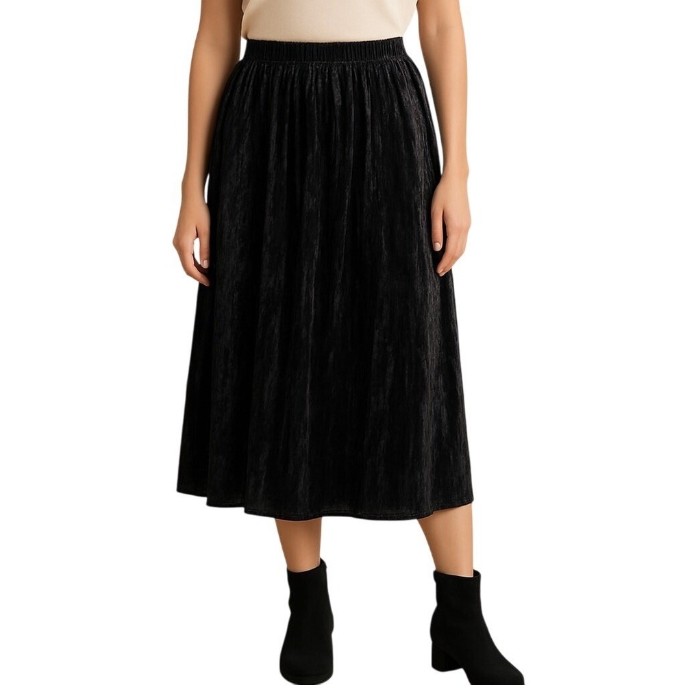 Laura Ashley Black Crushed Velvet Pleated Midi Skirt Whimsigoth Witchy M Petite